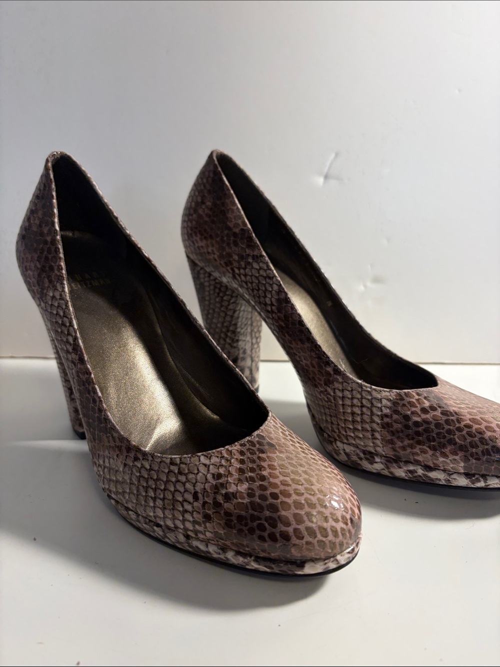 Stuart Weitzman Taupe Snake-Print High Block Heel Pumps